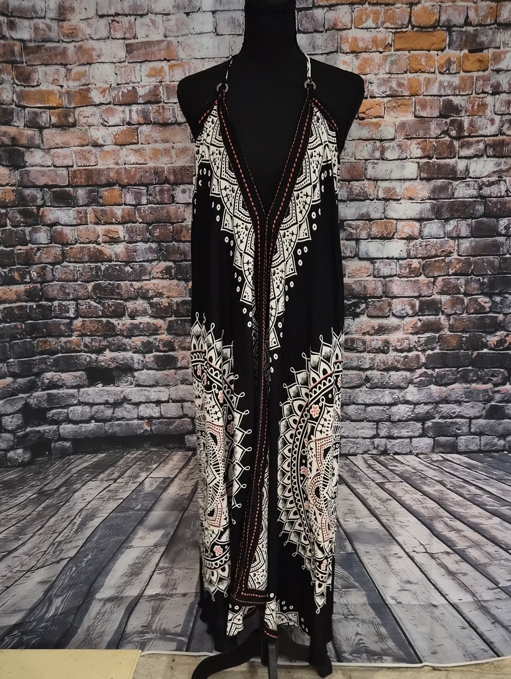 Black Halter Maxi Dress / Swimsuit Cover Up with White & Cream Mandala Print
